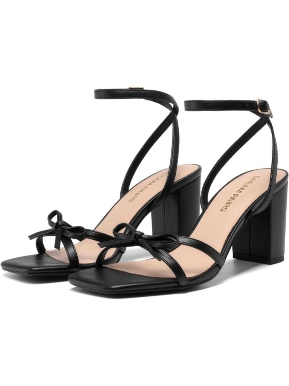 🆕Women Black Faux Leather Square Open Toe Elegant Bow Strappy Block Heel Sandal